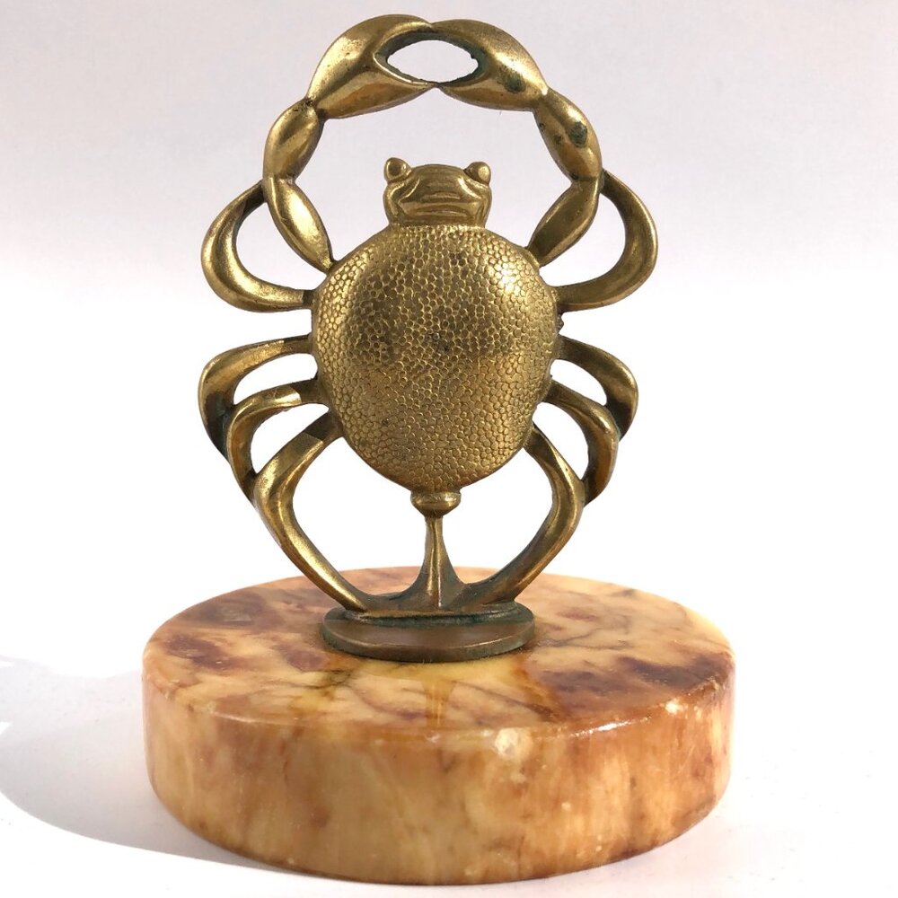 brass crab statue on marble nautical ocean astrological cancer vintage sculpture - Picture 3 of 13